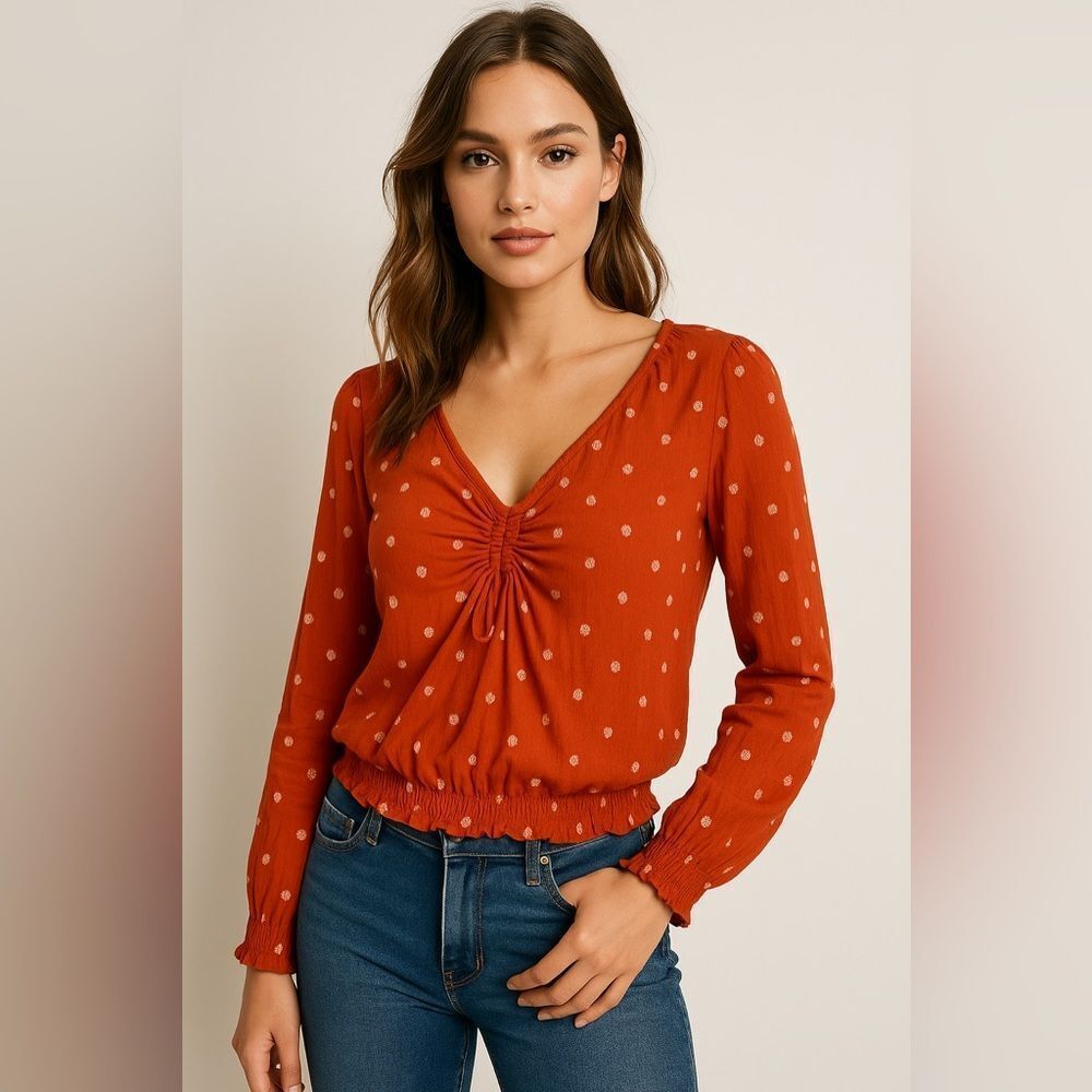 American Eagle Outfitters Burnt Orange Ruched Relaxed Blouse